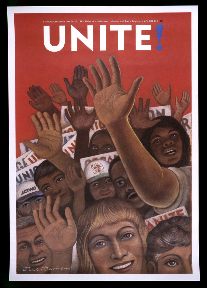 UNITE! Poster with a red background and painting of a crowd of people of many different races and genders, some with their hands raised to the air and wearing hats with union logos