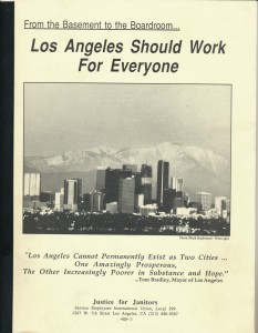 Yellow cover of a bound study. The title reads "From the Basement to the Boardroom... Los Angeles Should Work for Everyone" and sits above a large image of the downtown LA skyline. The quote below reads "Los Angeles Cannot Permanently Exist as Two Cities... One Amazingly Prosperous, The Other Increasingly Poorer in Substance and Hope" and is attributed to Tom Bradley, Mayor of Los Angeles.