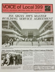 Cover of a black, white, and red newspaper with the headline "ISS SIGNS 399's MASTER BUILDING SERVICE AGREEMENT -- 399 Justice for Janitors Campaign Wins a First Contract with ISS." It features a front page image of a victory celebration in the courtyard of office towers.