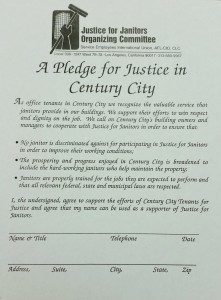 Stationary of the Justice for Janitors Organizing Committee with a black and white logo of an office tower with a fist raised in front of it holding a mop. the body of the message is "A Pledge for Justice in Century City" with three bullet points and a space to sign with name, address, and phone number.