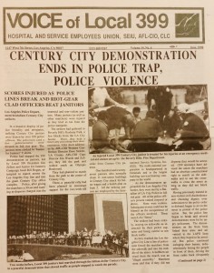 Black and white cover of "The Voice of Local 399" newsletter from June 1990. The headline reads "Century City Demonstration Ends in Police Trap, Police Violence -- Scores Injured as Police Lines Break and Riot-Gear Clad Officers Beat Janitors" with a picture of a janitor being attended to by EMTs.