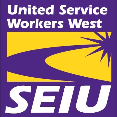 Purple, yellow and white logo of the United Service Workers West SEIU