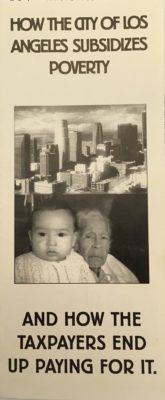Try-fold pamphlet cover reads: "How the City of Los Angeles Subsidizes Poverty and How the Taxpayers End Up Paying for It." It features two images - one the downtown LA skyline, the other an elderly grandmother and her grand baby.