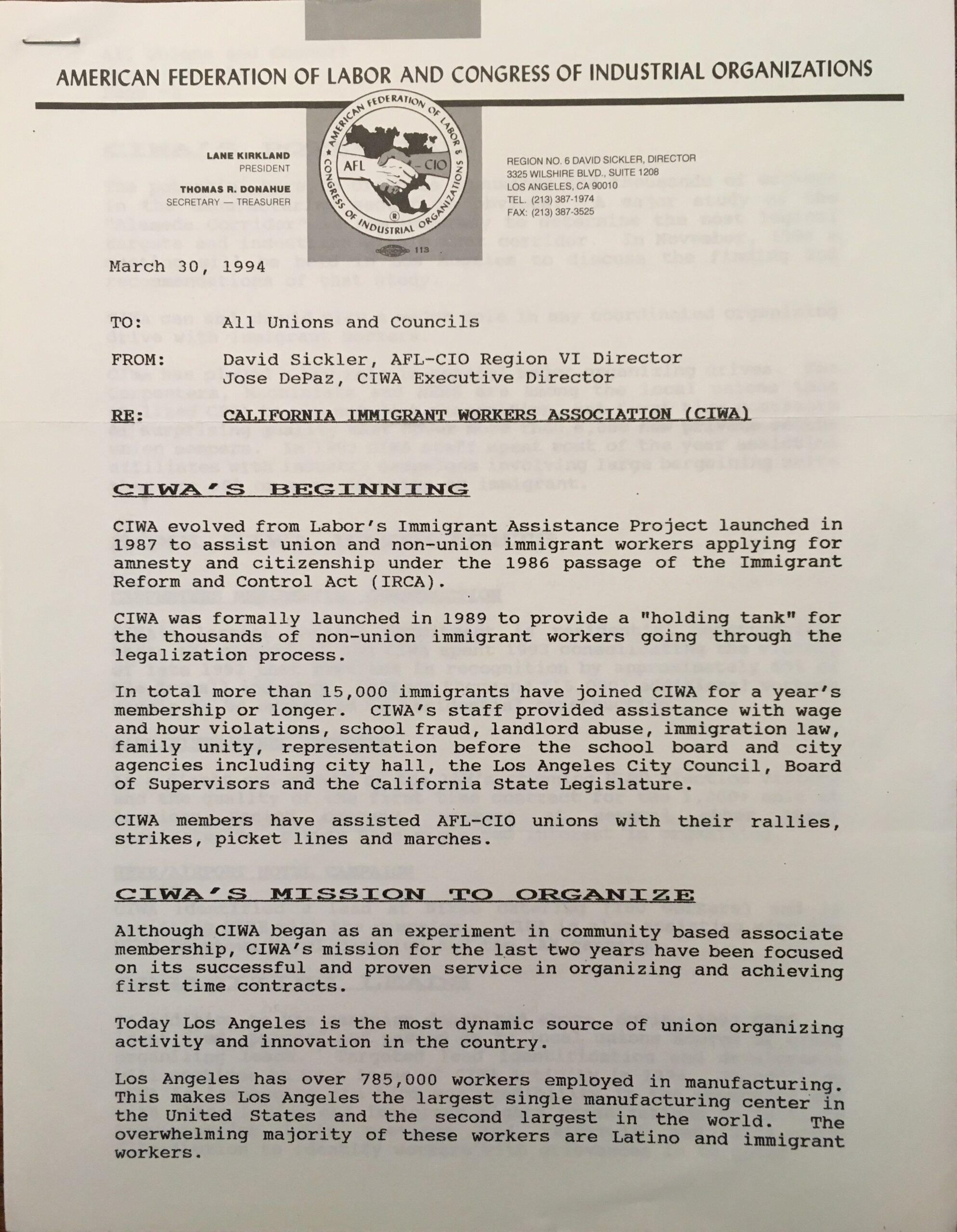 A memorandum appealing for support of the California Immigrant Workers Association