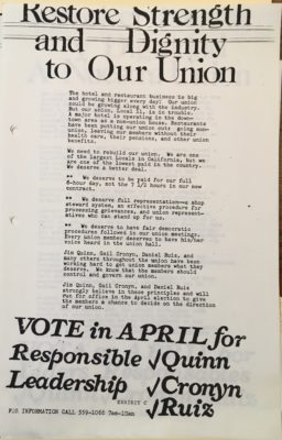 Flyer reads "Restore Strength and Dignity to Our Union -- Vote April for Responsible Leadership - Quinn, Cronyn, Ruiz." There are checkmarks next to the names and an explanation in between.