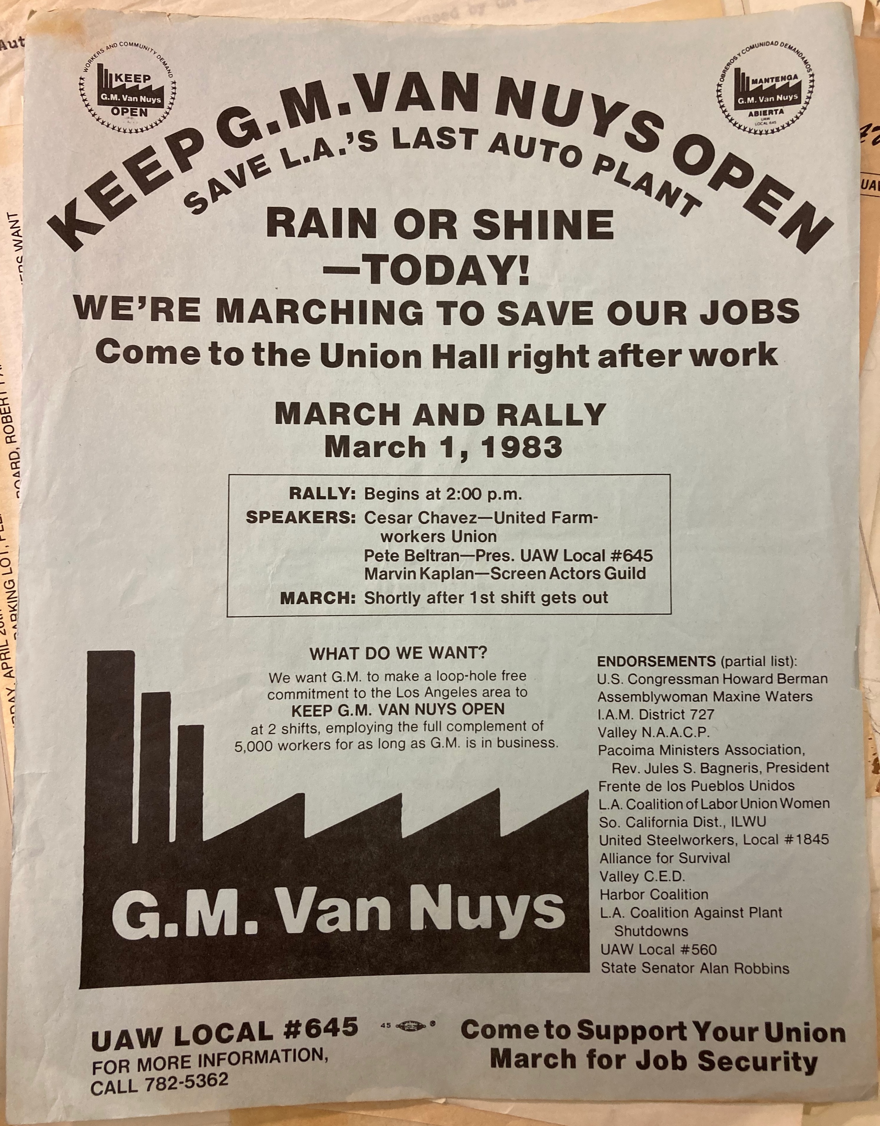Flyer for march to to save jobs at GM Van Nuys, 1983