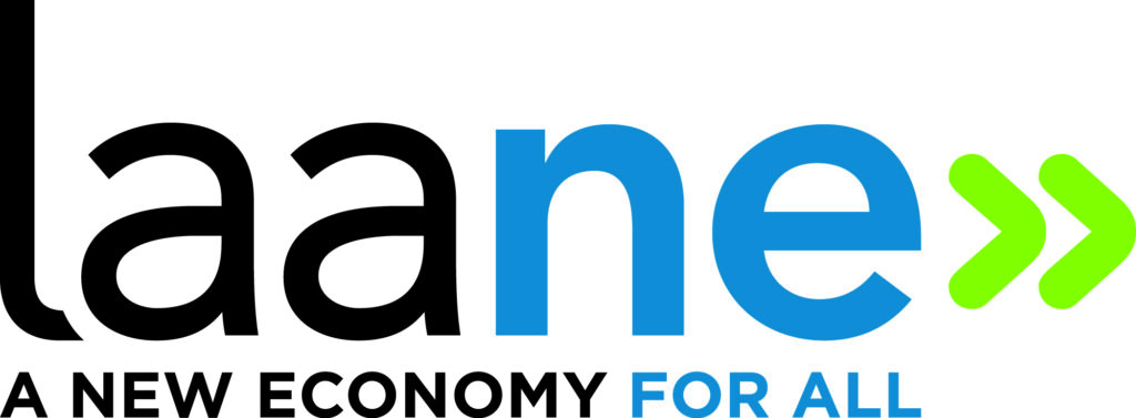 blue green and black logo reads "laane a new economy for all"