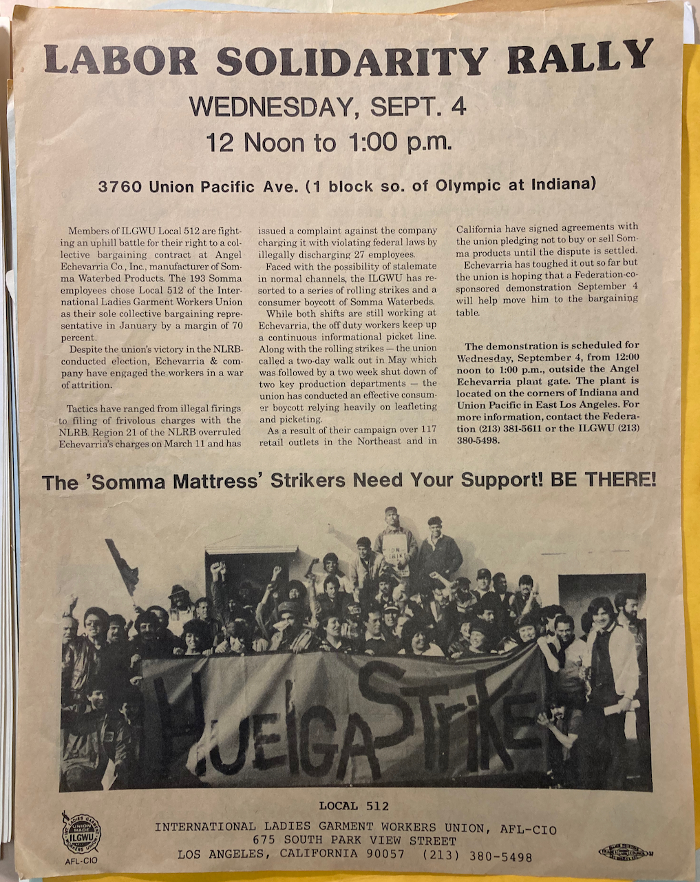 A flyer calling for supporters of striking workers to attend a solidarity rally for Somma Waterbed workers.