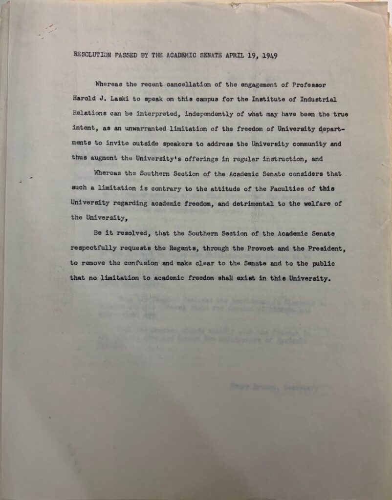 Typed document from the UCLA Academic Senate commenting on Harold Laski affair