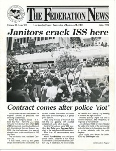 black and white cover of a newsletter titled "The Federation News" with the AFL-CIO logo in the banner. the Headline reads - "Janitors crack ISS here -- Contract comes after police 'riot'" In the middle of the page is a photo from a rally in a courtyard with people lining two balconies above. Many people carry signs and banners while a man with a megaphone addresses them.