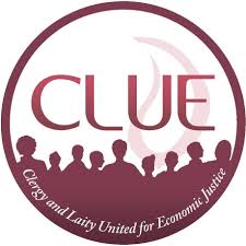 maroon circular logo with a silhouette of a crowd text reads "CLUE Clergy and Laity United for Economic Justice"