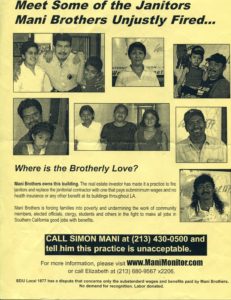 yellow flyer with seven photos of janitors and their families under the banner "Meet Some of the Janitors Mani Brothers Unjustly Fired.... Where is the Brotherly Love?"