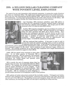 Black and White flyer reads "ISS: A Billion Dollar Cleaning Company with Poverty Level Employees" featuring information about the working conditions for employees of ISS. Also included are two photos of janitors working.