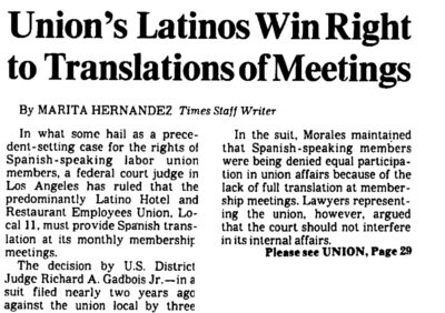 Newspaper clipping - "Union's Latinos Win Right to Translations of Meetings," by Marita Hernandez for the LA Times.