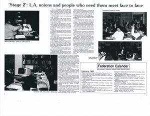 Newspaper clipping of article titled "'Stage 2': L.A. unions and people who need them meet face to face." It describes the LA County Federation of Labor's Labor Immigrant Assistance Project (LIAP), a program to aid immigrants who were able to regularize their status under the terms of the 1987 Immigration Reform and Control Act.