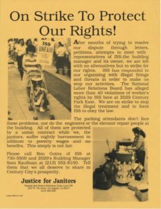 Orange flyer reads "On Strike to Protect Our Rights!" and features two images of women, the first with her child in a stroller on the picket line, the second working as a janitor with a large cart.