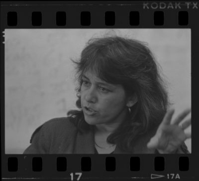 Black and white image of photo negative of a portrait of Maria Elena Durazo